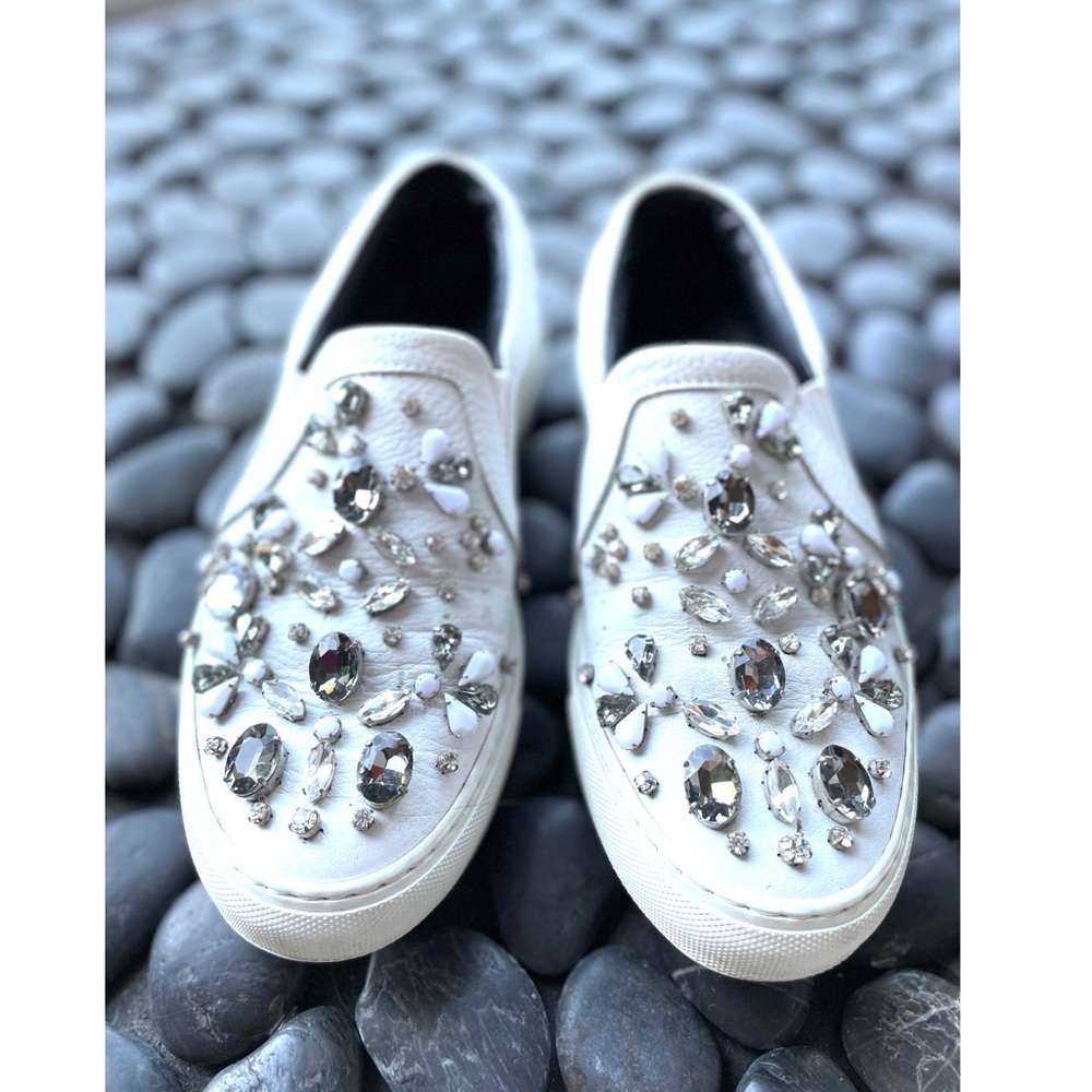 Philipp Plein White Rhinestone Slip On Sneakers